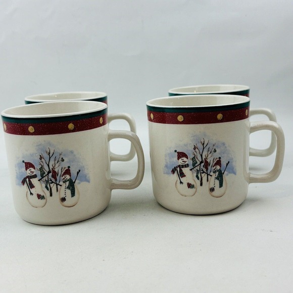 Royal Seasons Snowmen 4 Mug Lot 3.25" Cup Red‎ Band Dots Green Trim Stoneware - Picture 2 of 10